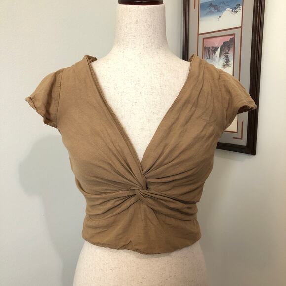 Japna Twist Front Linen Blend Crop Top Tag L Fits M Tan Brown Boho Cottagecore - Picture 1 of 9